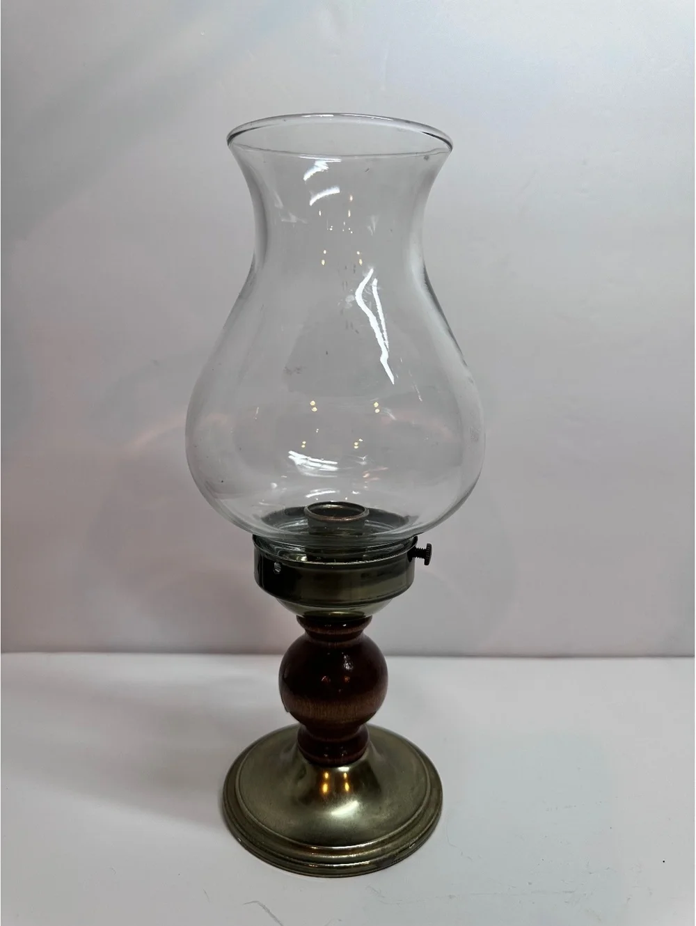 Vintage Hurricane Lamp Clear Glass Shade Brass Base Brown Wood Pedestal.